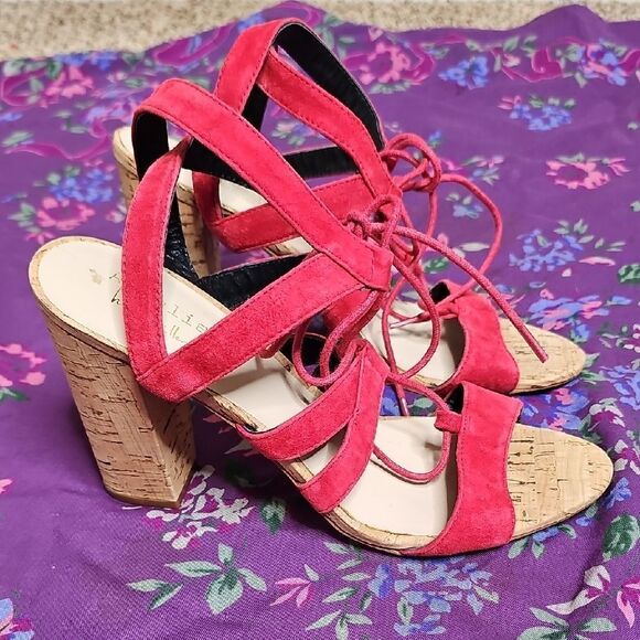 NEW Nicole Miller Artelier 8.5 Tate Red Lace Up Suede Strappy Heels Cork - Picture 2 of 10
